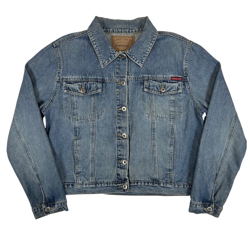 VTG Y2K 90s Aeropostale Womens XL Denim Trucker Jacket Medium Wash Blue Cotton